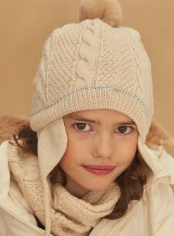 Sergent Major Bonnet, Echarpe & Gants-Bonnet à pompon beige en tricot