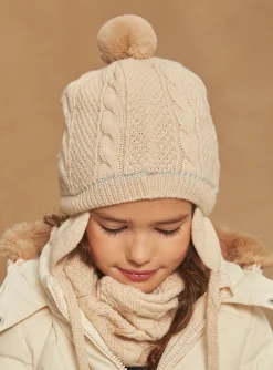 Sergent Major Bonnet, Echarpe & Gants-Bonnet &agrave; pompon beige en tricot