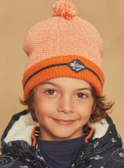 Sergent Major Bonnet, Echarpe, & Gant-Bonnet à pompon orange en tricot