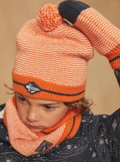 Sergent Major Bonnet, Echarpe, & Gant-Bonnet &agrave; pompon orange en tricot