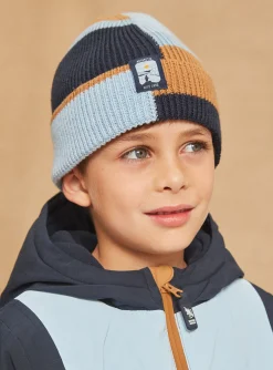 Sergent Major Bonnet, Echarpe, & Gant-Bonnet bleu et noisette en tricot