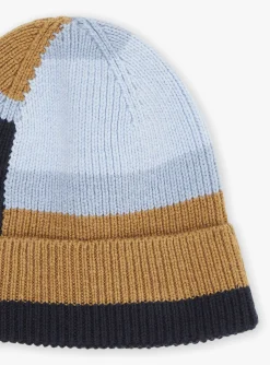 Sergent Major Bonnet, Echarpe, & Gant-Bonnet bleu et noisette en tricot