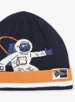Sergent Major Bonnet, Echarpe, & Gant-Bonnet bleu marine et orange en tricot