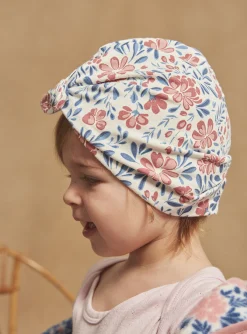 Sergent Major Bonnet, Echarpe & Gant-Bonnet &eacute;cru, rose et bleu &agrave; imprim&eacute; fleuri