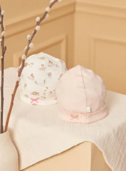 Sergent Major Bonnet, Moufle, Chausson & Chaussette-2 bonnets de naissance écru et rose en coton