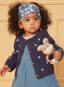 Sergent Major Pull, Gilet & Cardigan-Cardigan bleu marine texturé à fleurs brodées