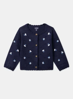 Sergent Major Pull, Gilet & Cardigan-Cardigan bleu marine textur&eacute; &agrave; fleurs brod&eacute;es