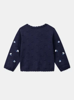 Sergent Major Pull, Gilet & Cardigan-Cardigan bleu marine textur&eacute; &agrave; fleurs brod&eacute;es