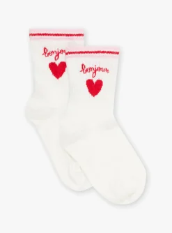 Sergent Major Sous-vêtement, Chaussette & Collant-Chaussettes écrues et rouges en jacquard à motif coeur