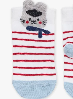 Sergent Major Chaussettes-Chaussettes &eacute;crues, rouges et bleues en jacquard ray&eacute;
