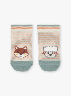 Sergent Major Chaussettes-Chaussettes rayées beige clair à motif mouton et renard