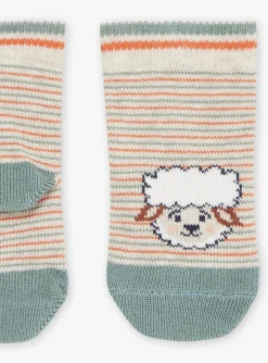 Sergent Major Chaussettes-Chaussettes ray&eacute;es beige clair &agrave; motif mouton et renard