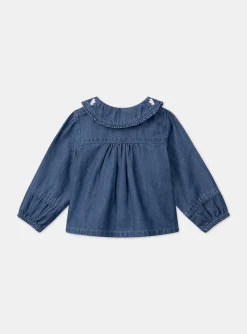 Sergent Major T-shirt & Blouse-Chemisier en jean bleu &agrave; col volant&eacute;