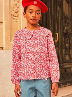 Sergent Major Blouse & T-shirt-Chemisier rose, rouge et lilas &agrave; imprim&eacute; fleuri en twill gratt&eacute;
