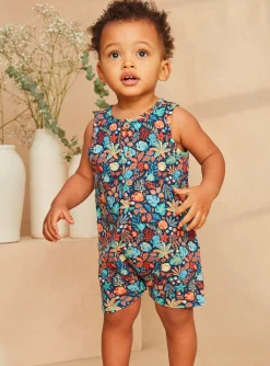 Sergent Major Ensemble, Combinaison & Salopette-Combishort en popeline bleu marine à imprimé poisson et feuilles multicolores