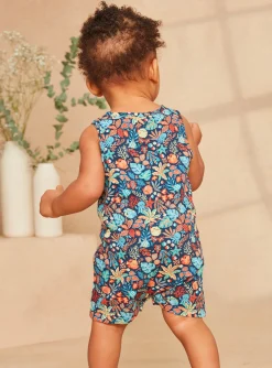Sergent Major Ensemble, Combinaison & Salopette-Combishort en popeline bleu marine &agrave; imprim&eacute; poisson et feuilles multicolores