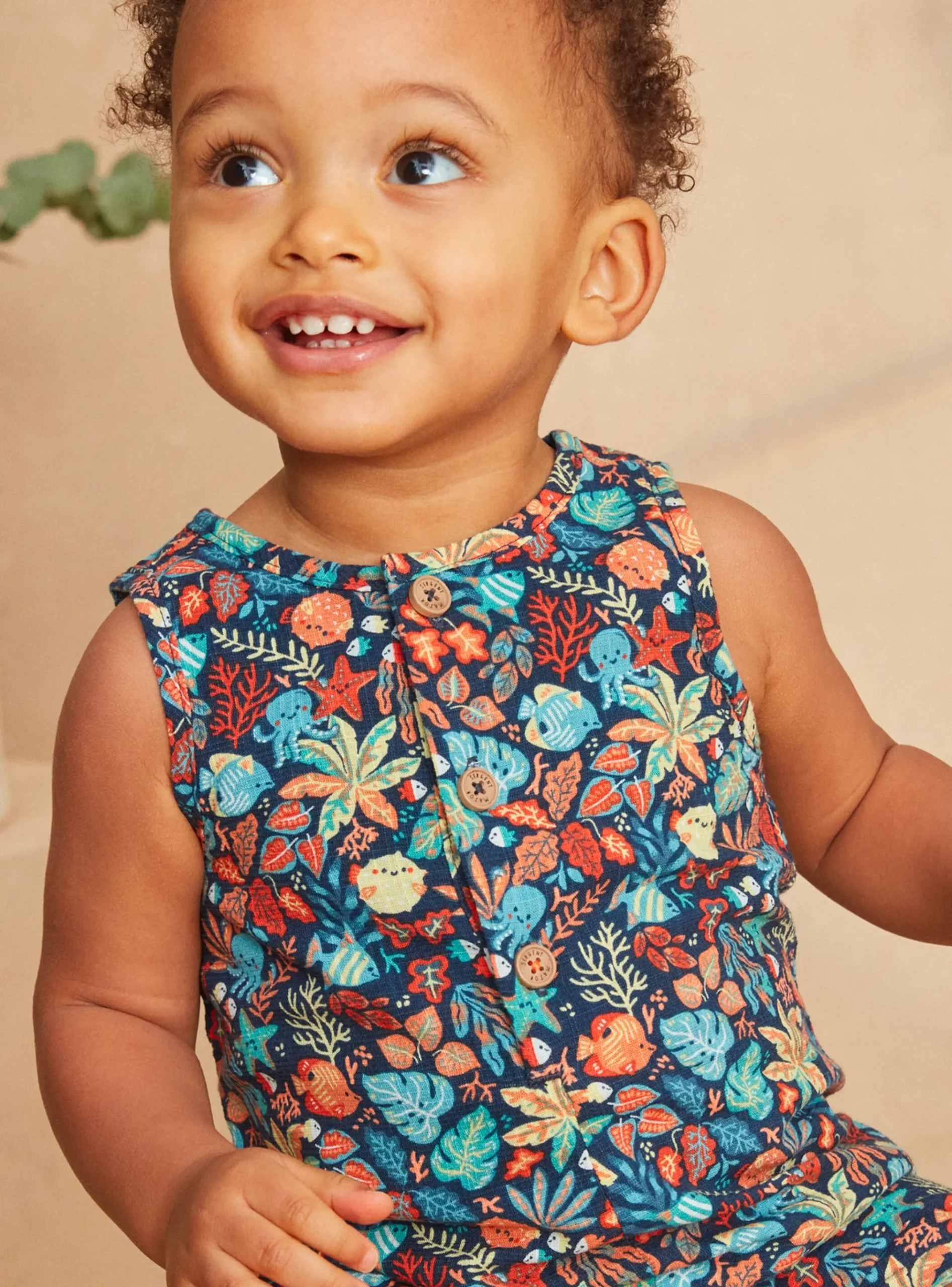 Sergent Major Ensemble, Combinaison & Salopette-Combishort en popeline bleu marine à imprimé poisson et feuilles multicolores