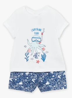 Sergent Major Ensemble, Combinaison & Salopette-Combishort en popeline bleu marine à imprimé poisson et feuilles multicolores