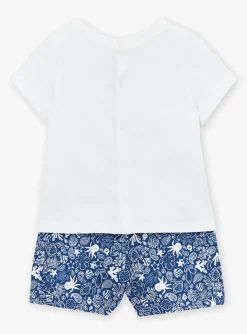 Sergent Major Ensemble, Combinaison & Salopette-Combishort en popeline bleu marine à imprimé poisson et feuilles multicolores