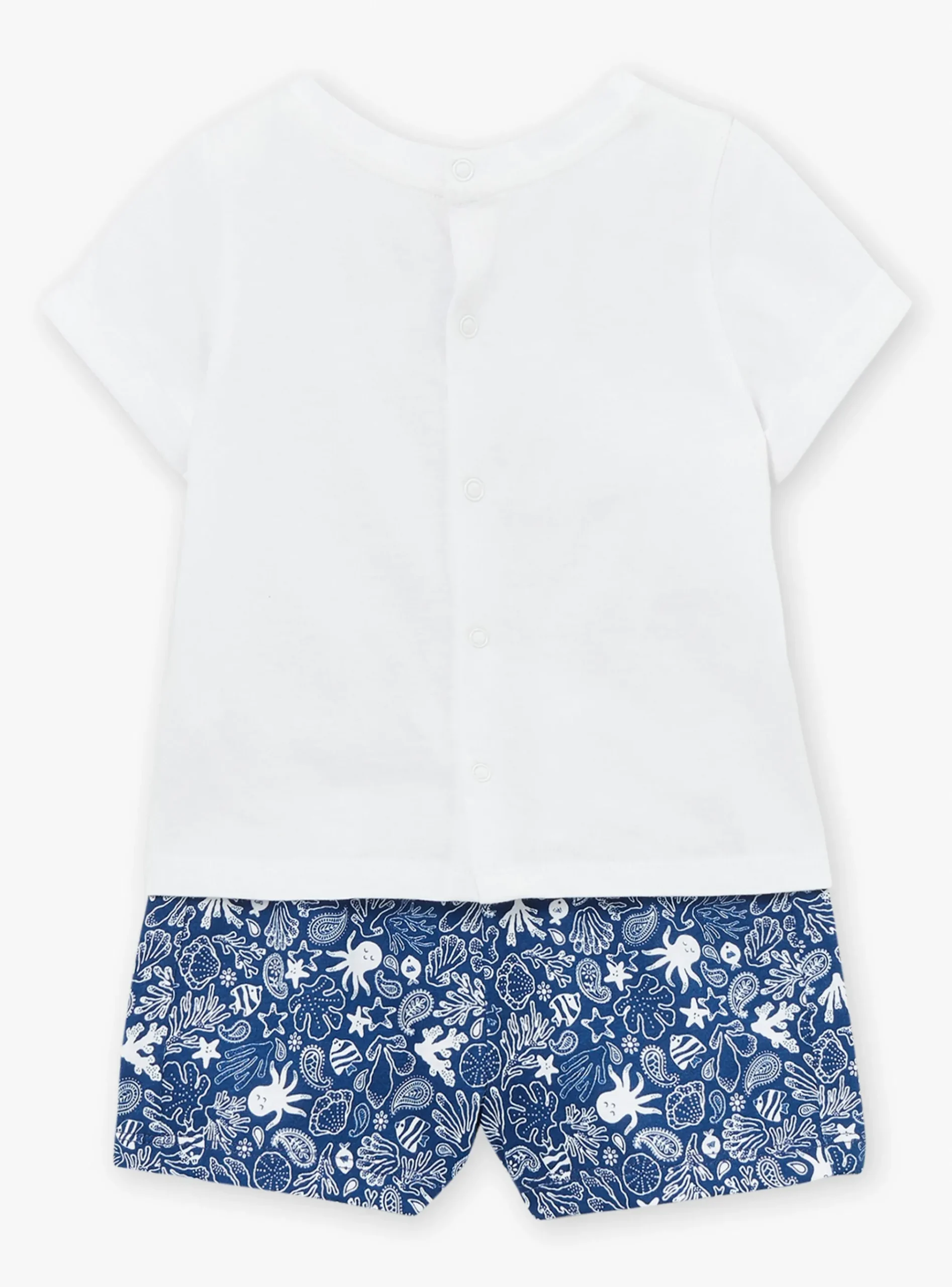 Sergent Major Ensemble, Combinaison & Salopette-Combishort en popeline bleu marine à imprimé poisson et feuilles multicolores