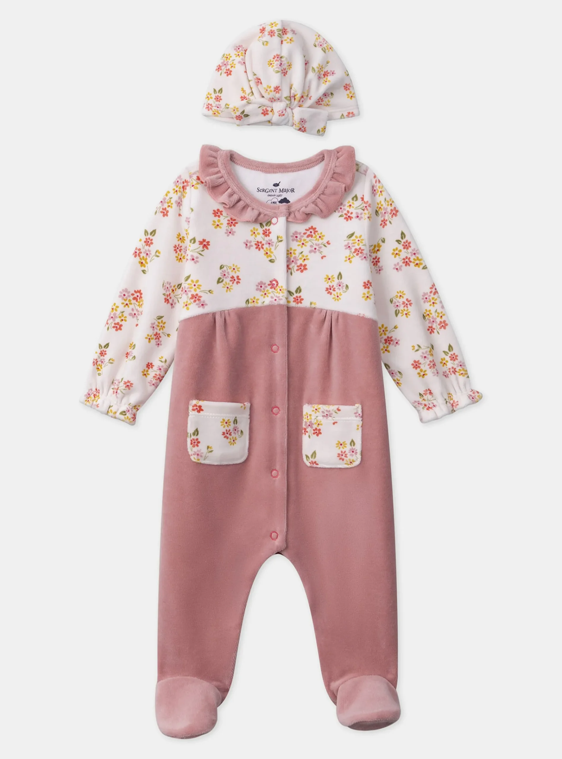 Sergent Major Pyjama & Grenouillère-Dors-bien en velours avec bonnet