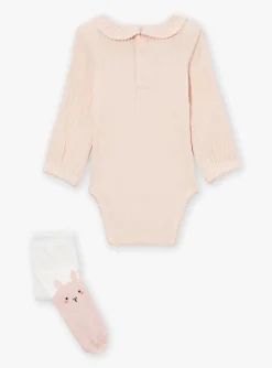 Sergent Major Tenues & Ensembles-Ensemble body, barboteuse et collants &eacute;cru et rose