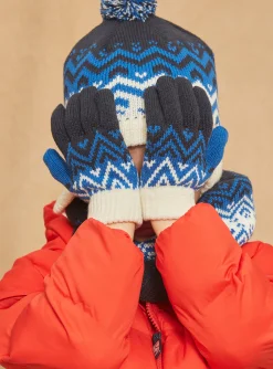 Sergent Major Bonnet, Echarpe, & Gant-Gants bleu marine et blancs en tricot