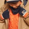 Sergent Major Bonnet, Echarpe, & Gant-Gants bleu marine et orange en tricot