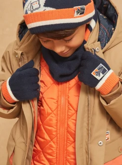 Sergent Major Bonnet, Echarpe, & Gant-Gants bleu marine et orange en tricot