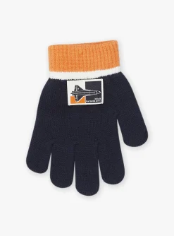 Sergent Major Bonnet, Echarpe, & Gant-Gants bleu marine et orange en tricot