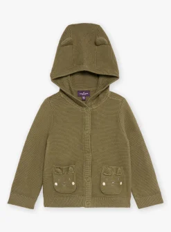 Sergent Major Pull, Gilet & Cardigan-Gilet &agrave; capuche kaki en tricot