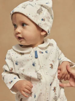 Sergent Major Pyjama & Grenouillère-Grenouilli&egrave;re et bonnet &eacute;cru en velours &agrave; imprim&eacute; animaux