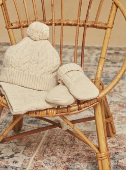Sergent Major Bonnet, Echarpe & Gant-Moufles beige en tricot torsadé
