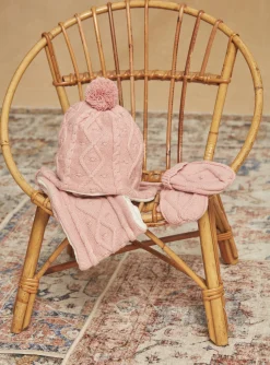Sergent Major Bonnet, Echarpe & Gant-Moufles roses en tricot torsadé
