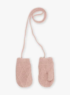 Sergent Major Bonnet, Echarpe & Gants-Moufles roses en tricot torsadé