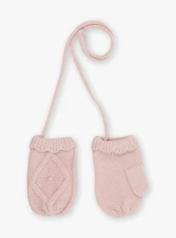 Sergent Major Bonnet, Echarpe & Gant-Moufles roses en tricot torsad&eacute;