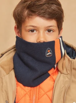 Sergent Major Bonnet, Echarpe, & Gant-Snood bleu marine et orange en tricot