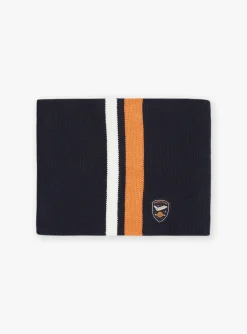 Sergent Major Bonnet, Echarpe, & Gant-Snood bleu marine et orange en tricot