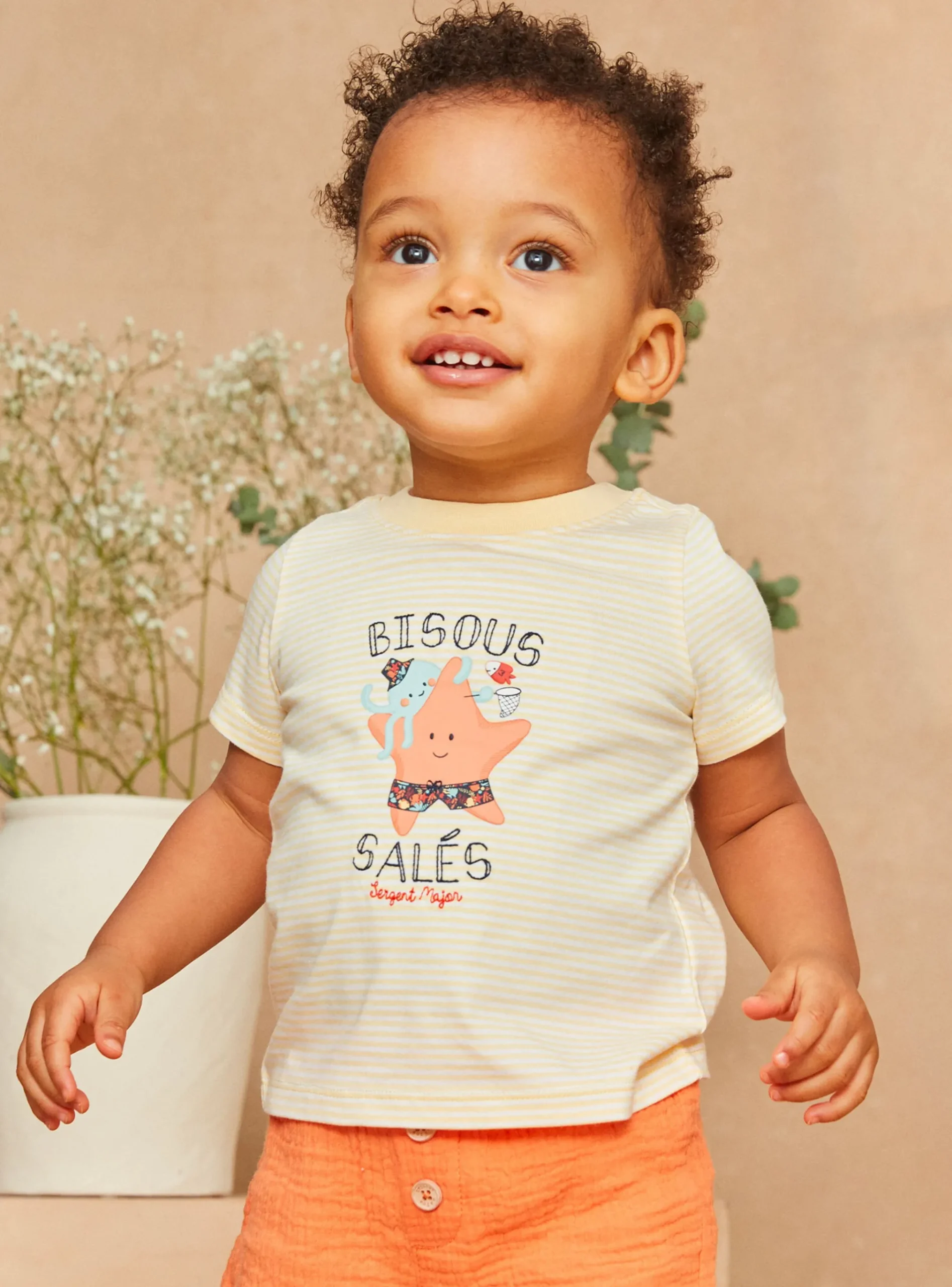 Sergent Major Chemise, T-shirt & Polo-T-shirt en jersey écru et orange à imprimé à rayures et à motifs animaux marins pastels