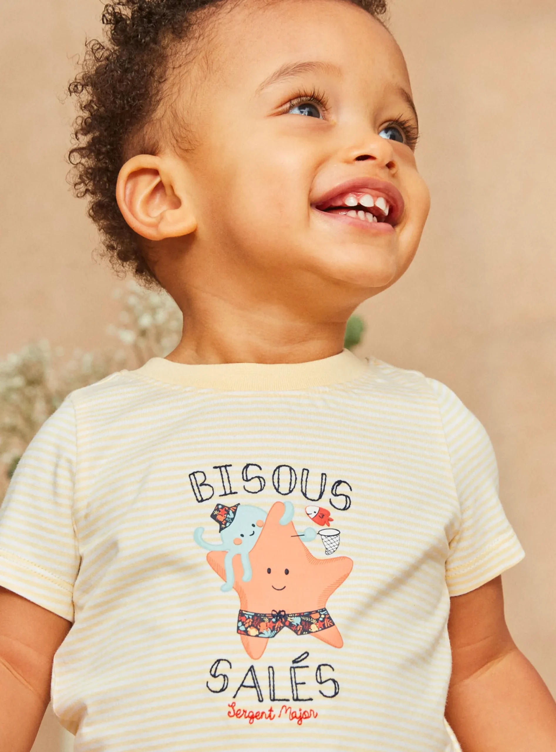 Sergent Major Chemise, T-shirt & Polo-T-shirt en jersey écru et orange à imprimé à rayures et à motifs animaux marins pastels