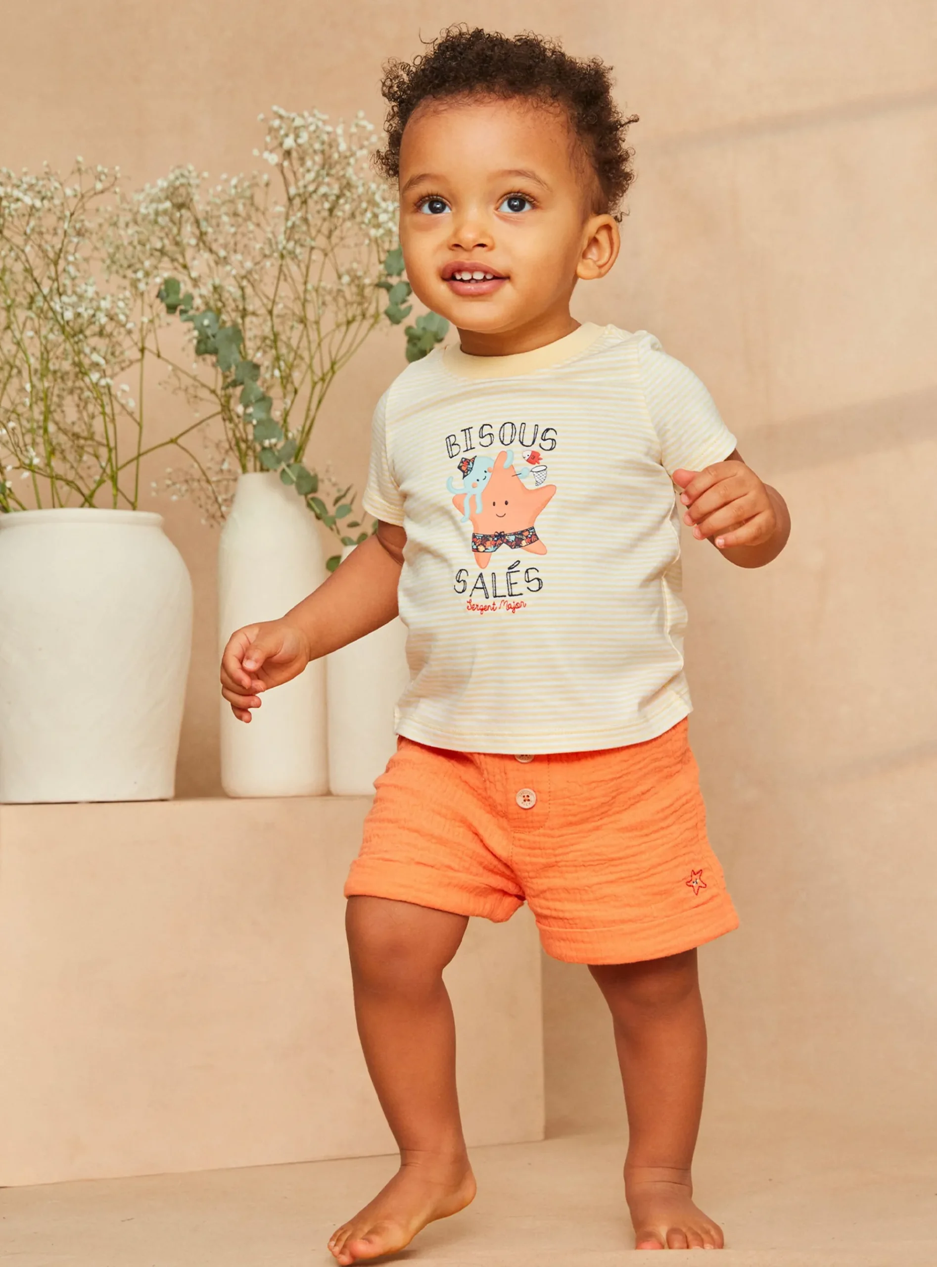 Sergent Major Chemise, T-shirt & Polo-T-shirt en jersey écru et orange à imprimé à rayures et à motifs animaux marins pastels