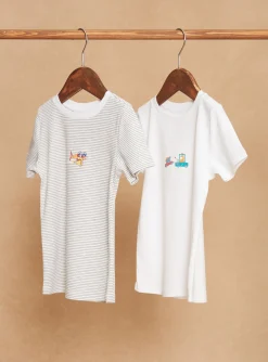 Sergent Major Sous-vêtement & Chaussettes-2 T-shirts écrus à imprimé à rayures et motifs vaisseau spatial et voitures