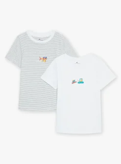 Sergent Major Sous-vêtement & Chaussettes-2 T-shirts &eacute;crus &agrave; imprim&eacute; &agrave; rayures et motifs vaisseau spatial et voitures