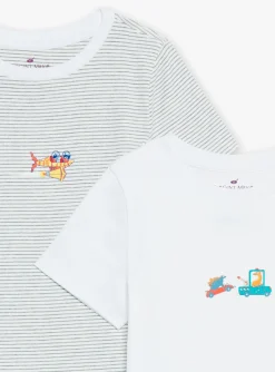 Sergent Major Sous-vêtement & Chaussettes-2 T-shirts &eacute;crus &agrave; imprim&eacute; &agrave; rayures et motifs vaisseau spatial et voitures
